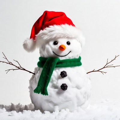 Smiling Snowman Wearing Red Hat Scarf