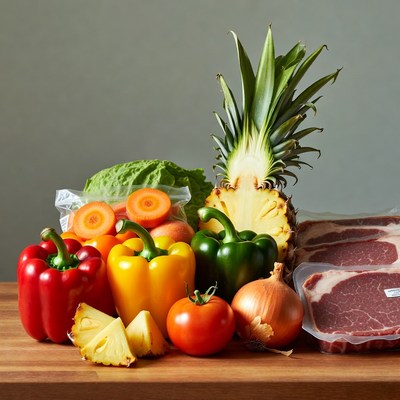 Fresh vegetables meat pineapple on table