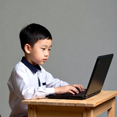 Asian boy typing on laptop