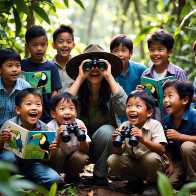 Asian woman leading boys jungle birdwatching