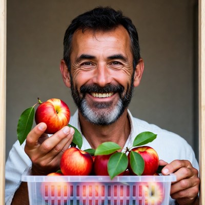 Smiling man holding basket of red apples