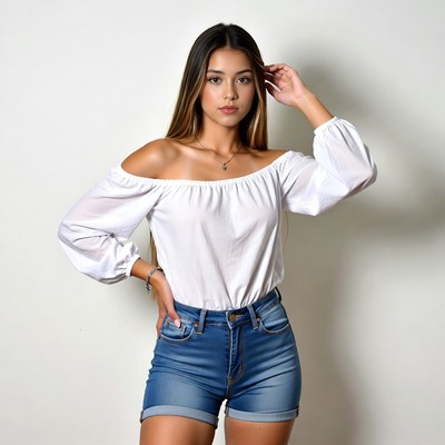 Young woman in off-shoulder blouse and shorts