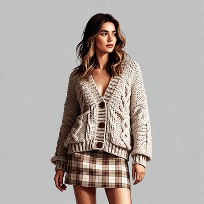Woman in knitted cardigan and plaid skirt