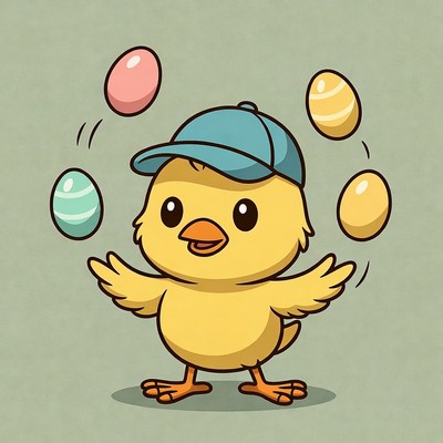 Chick juggling Easter eggs
