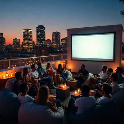 Group watching movie on rooftop