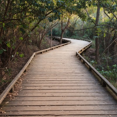 Wooden Boardwalk Through Forest Trail