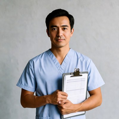 Asian male doctor holding clipboard