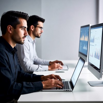 Two men analyzing data on computers