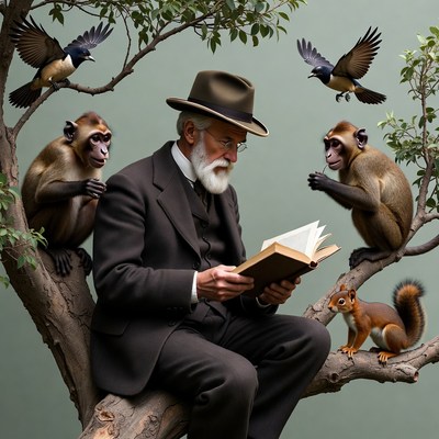 Elderly man reading book with monkeys