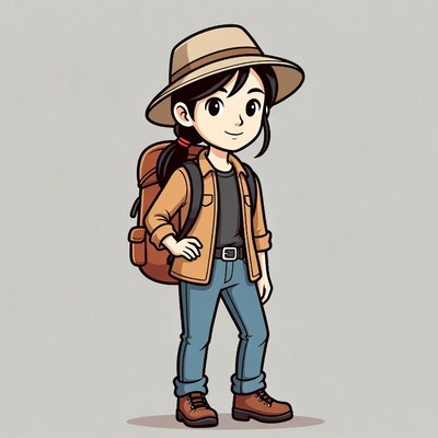 Cartoon Asian girl explorer with backpack