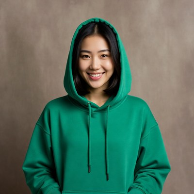 Asian woman smiling in green hoodie