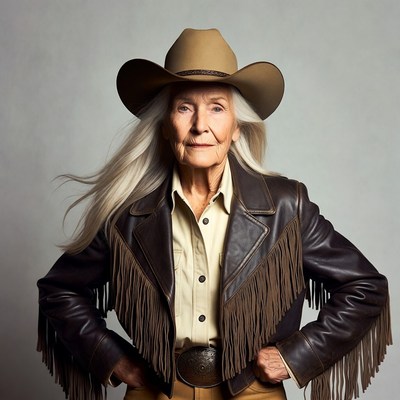 Elderly woman in cowboy hat and fringed jacket