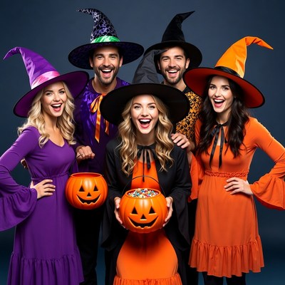 Group of friends in witch costumes with pumpkins