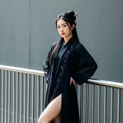 Asian woman in black Hanfu leaning on railing