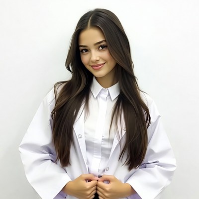 Smiling woman in white lab coat