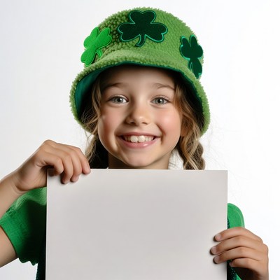 Girl holding blank sign in shamrock hat