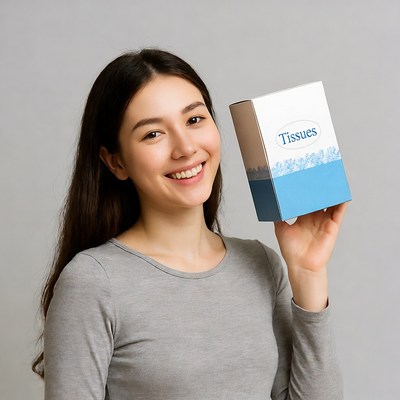 Asian woman holding tissues box