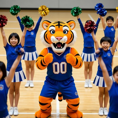 Cheerleading girls with tiger mascot