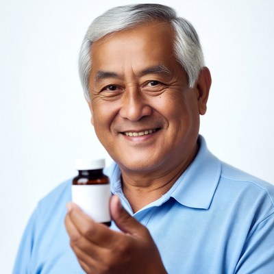 Asian senior man holding pill bottle