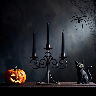 Halloween Candelabra with Jack-o-Lantern and Black Cat