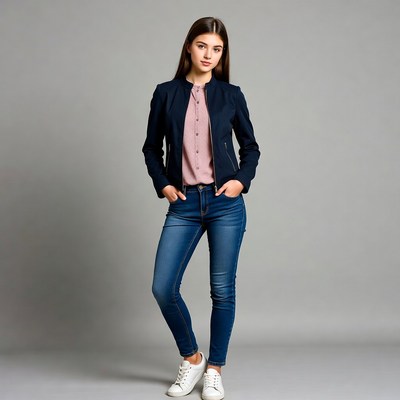 Teen girl in navy jacket and jeans