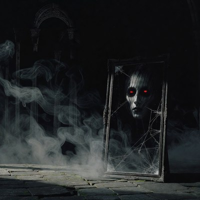 Ghostly Woman in Cracked Mirror
