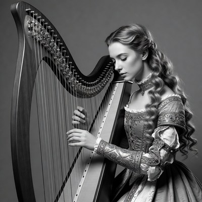 Woman playing harp in vintage dress