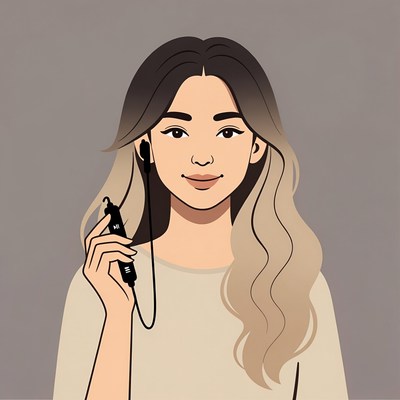 Asian woman holding wireless earbuds