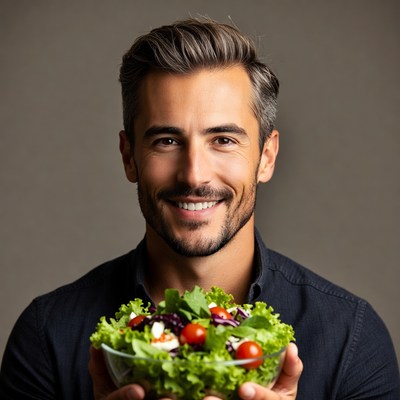 Man holding fresh salad bowl