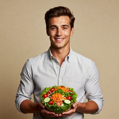 Handsome man holding fresh salad