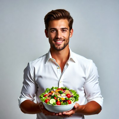 Handsome man holding fresh salad