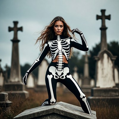 Woman in skeleton costume at graveyard