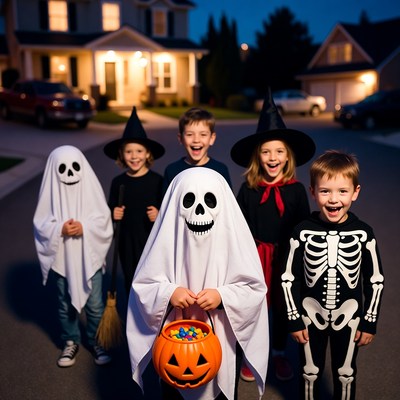 Kids in Halloween Costumes Trick-or-Treating