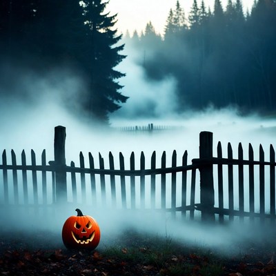 Jack-o'-lantern by foggy Halloween fence