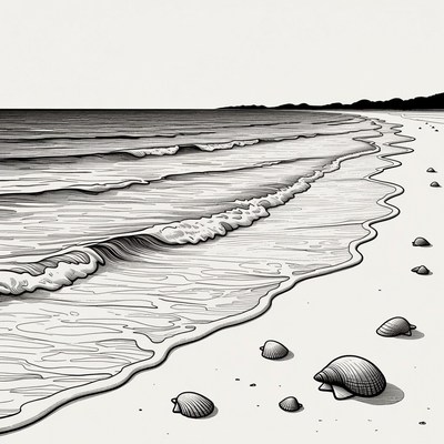 Ocean Waves Crashing on Beach with Seashells