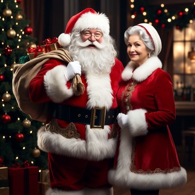 Santa Claus and Mrs. Claus with sack