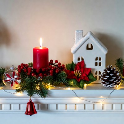 Christmas Mantel with Red Candle