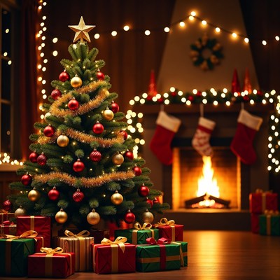 Christmas Tree by Fireplace with Gifts