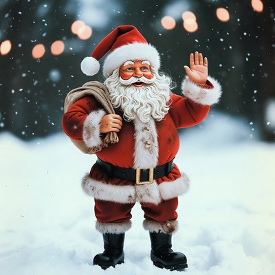 Santa Claus waving in snowy Christmas scene