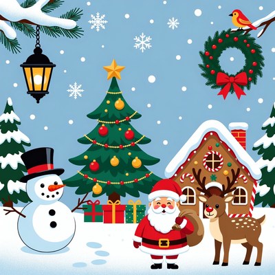 Santa Claus Snowman Reindeer Christmas Scene