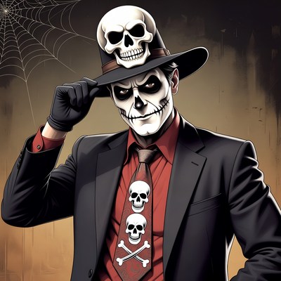 Skeleton Face Man in Suit Tipping Hat