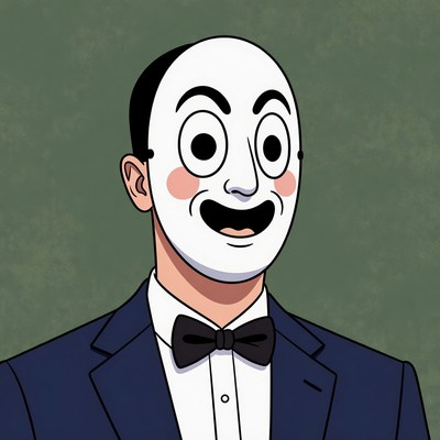 Cartoon man in white smiling mask suit
