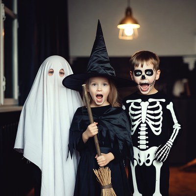 Kids in Witch Ghost Skeleton Costumes
