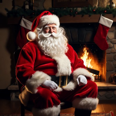 Santa Claus sitting by fireplace