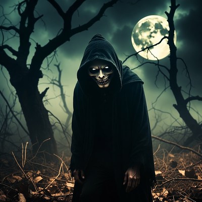 Hooded Skeleton Figure in Moonlit Forest