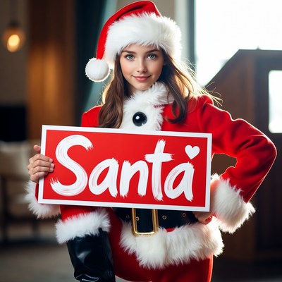 Girl in Santa costume holding sign