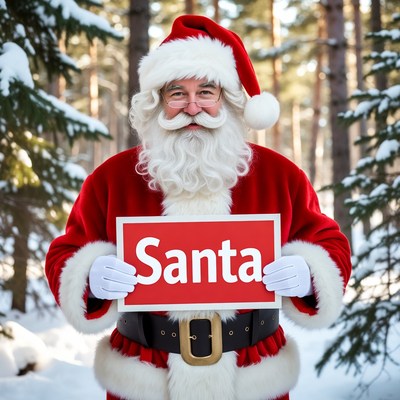 Santa holding sign in snowy forest