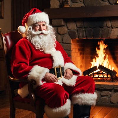 Santa Claus sitting by fireplace