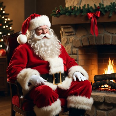 Santa Claus sitting by fireplace