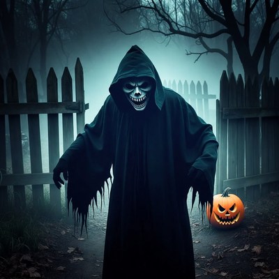 Grim Reaper with pumpkin in foggy graveyard
